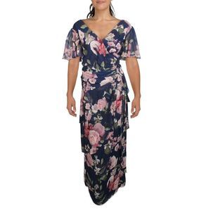 Xscape Womens Navy Floral Ruffled Formal Evening Dress Gown Plus NWOT